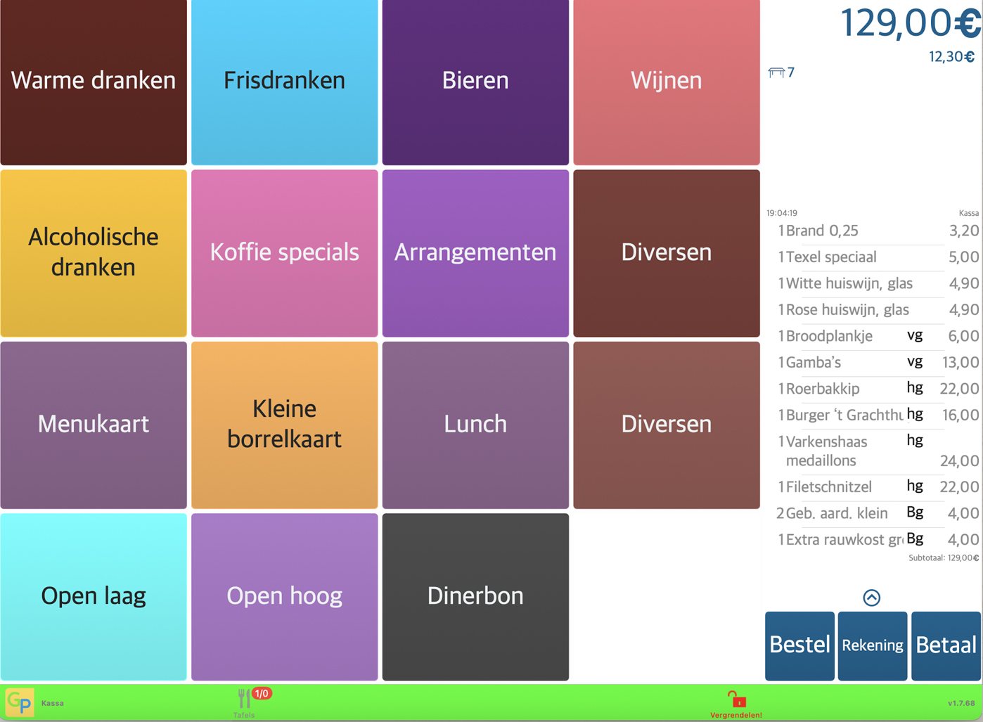 Het Gastro-Pad kassascherm op een iPad met categorieën zoals warme dranken, bieren, wijnen en lunch
